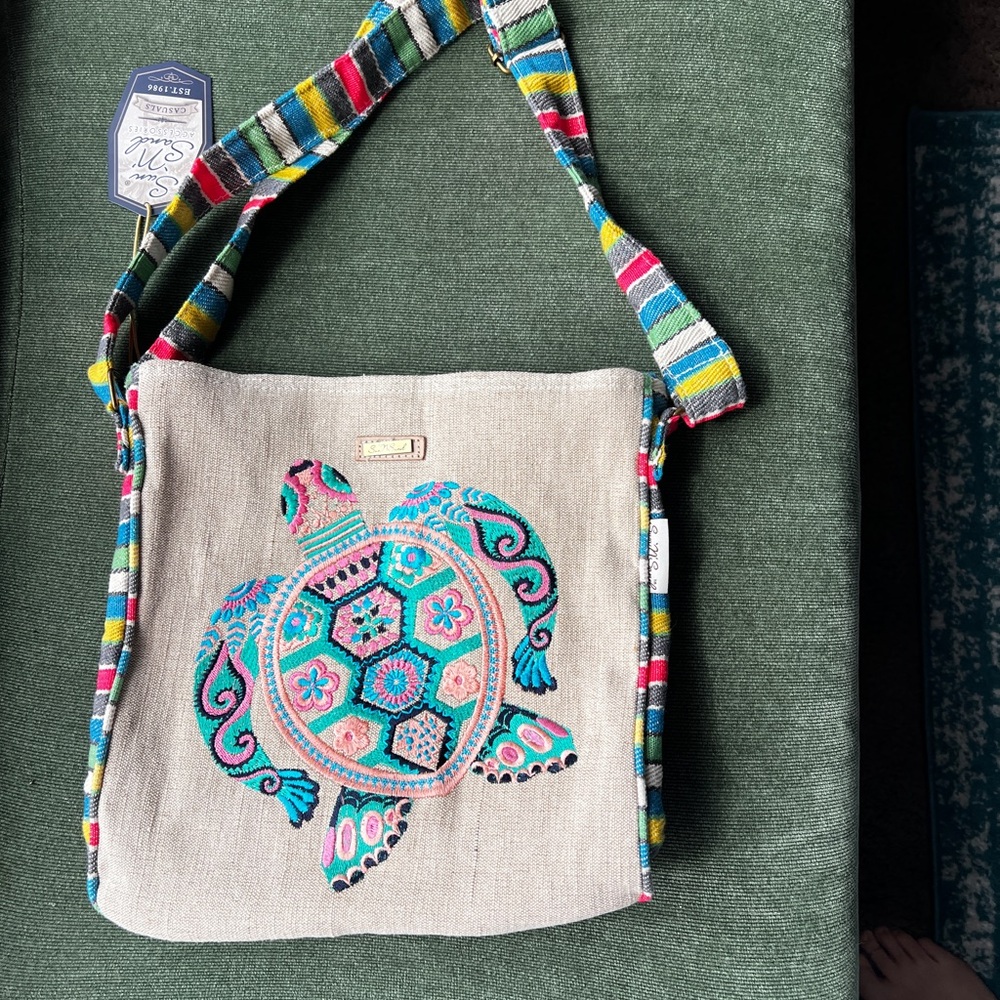 NWT Embroidered Turtle Crossbody Bag with Colorful Strap